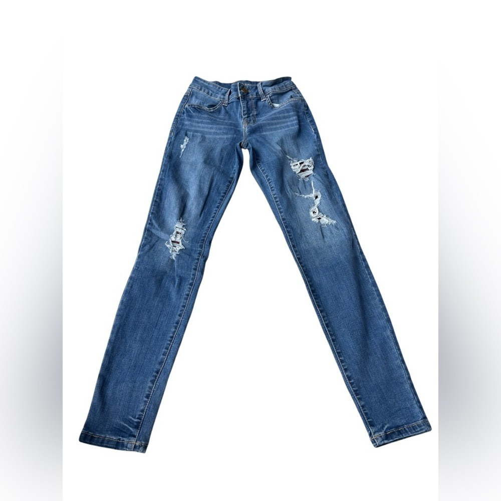Maurices distressed skinny jeans with plaid accents XS‎